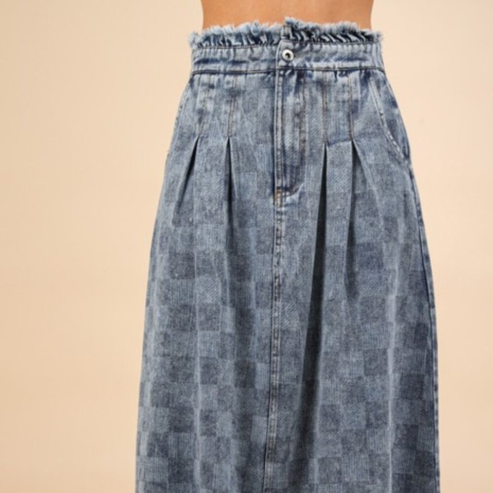Very J Cinched waist denim checkerboard skirt